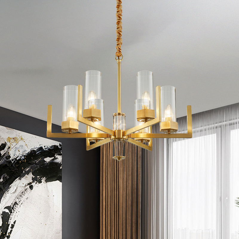 6-Light Clear Glass Chandelier Lamp Colonialism Gold Column Living Room Ceiling Pendant Light Clearhalo 'Ceiling Lights' 'Chandeliers' Lighting' options 1455727