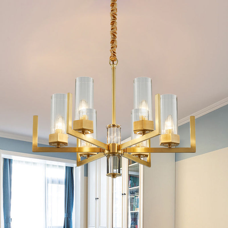 6-Light Clear Glass Chandelier Lamp Colonialism Gold Column Living Room Ceiling Pendant Light Clearhalo 'Ceiling Lights' 'Chandeliers' Lighting' options 1455728