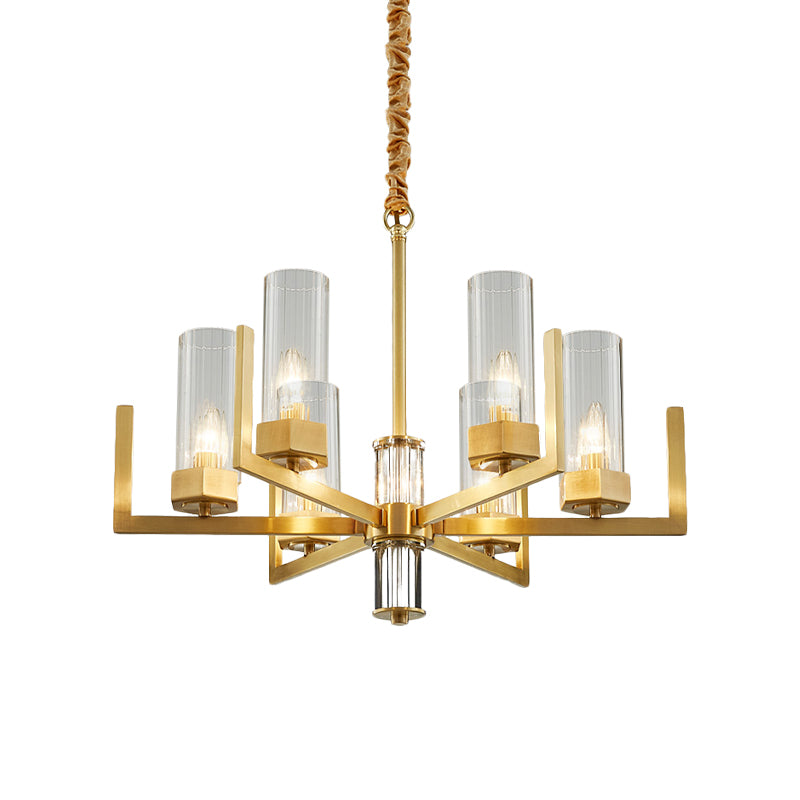 6-Light Clear Glass Chandelier Lamp Colonialism Gold Column Living Room Ceiling Pendant Light Clearhalo 'Ceiling Lights' 'Chandeliers' Lighting' options 1455729