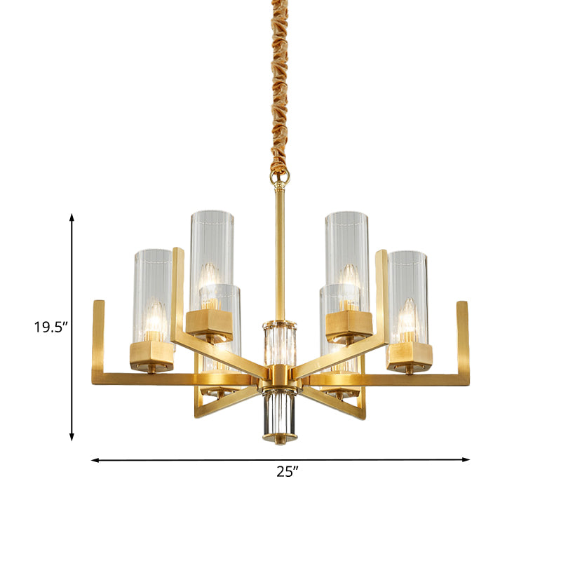 6-Light Clear Glass Chandelier Lamp Colonialism Gold Column Living Room Ceiling Pendant Light Clearhalo 'Ceiling Lights' 'Chandeliers' Lighting' options 1455730