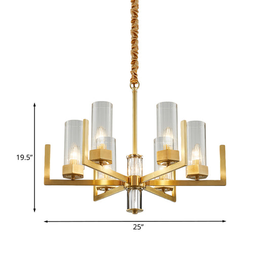 6-Light Clear Glass Chandelier Lamp Colonialism Gold Column Living Room Ceiling Pendant Light Clearhalo 'Ceiling Lights' 'Chandeliers' Lighting' options 1455730