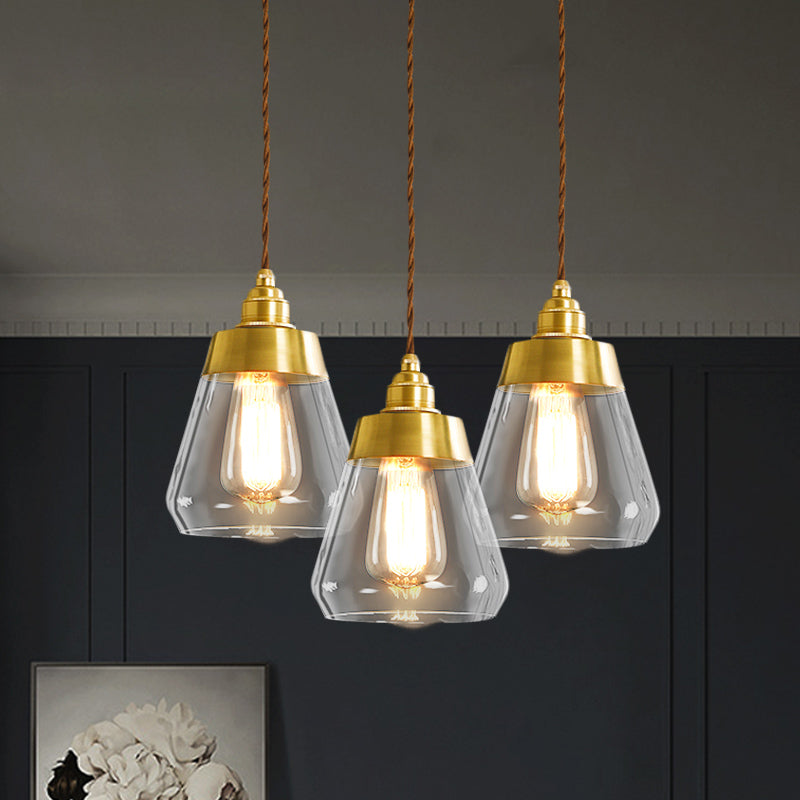 Luxurious Tapered Multi Light Pendant 2/3 Heads Clear Glass Hanging Lamp in Gold with Round/Linear Canopy 3 Gold Round Clearhalo 'Ceiling Lights' 'Glass shade' 'Glass' 'Pendant Lights' 'Pendants' Lighting' 1455740