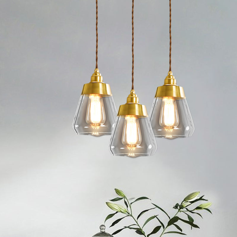 Luxurious Tapered Multi Light Pendant 2/3 Heads Clear Glass Hanging Lamp in Gold with Round/Linear Canopy Clearhalo 'Ceiling Lights' 'Glass shade' 'Glass' 'Pendant Lights' 'Pendants' Lighting' 1455741
