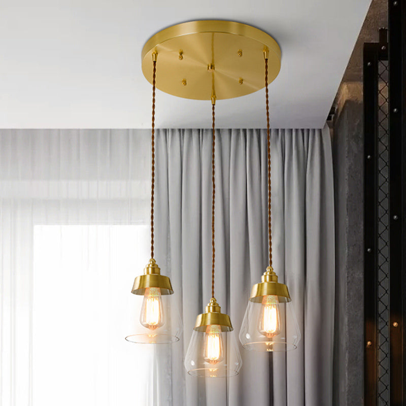 Luxurious Tapered Multi Light Pendant 2/3 Heads Clear Glass Hanging Lamp in Gold with Round/Linear Canopy Clearhalo 'Ceiling Lights' 'Glass shade' 'Glass' 'Pendant Lights' 'Pendants' Lighting' 1455742