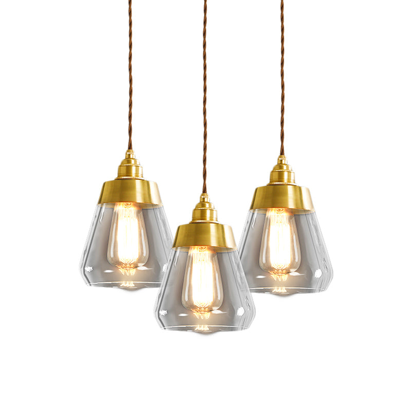 Luxurious Tapered Multi Light Pendant 2/3 Heads Clear Glass Hanging Lamp in Gold with Round/Linear Canopy Clearhalo 'Ceiling Lights' 'Glass shade' 'Glass' 'Pendant Lights' 'Pendants' Lighting' 1455743