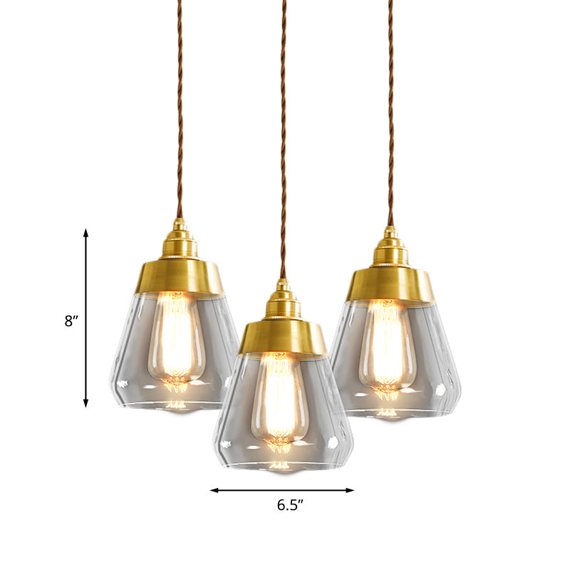 Luxurious Tapered Multi Light Pendant 2/3 Heads Clear Glass Hanging Lamp in Gold with Round/Linear Canopy Clearhalo 'Ceiling Lights' 'Glass shade' 'Glass' 'Pendant Lights' 'Pendants' Lighting' 1455744