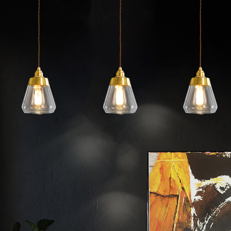 Luxurious Tapered Multi Light Pendant 2/3 Heads Clear Glass Hanging Lamp in Gold with Round/Linear Canopy 3 Gold Linear Clearhalo 'Ceiling Lights' 'Glass shade' 'Glass' 'Pendant Lights' 'Pendants' Lighting' 1455745