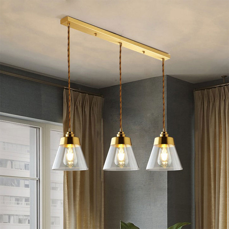 Luxurious Tapered Multi Light Pendant 2/3 Heads Clear Glass Hanging Lamp in Gold with Round/Linear Canopy Clearhalo 'Ceiling Lights' 'Glass shade' 'Glass' 'Pendant Lights' 'Pendants' Lighting' 1455746