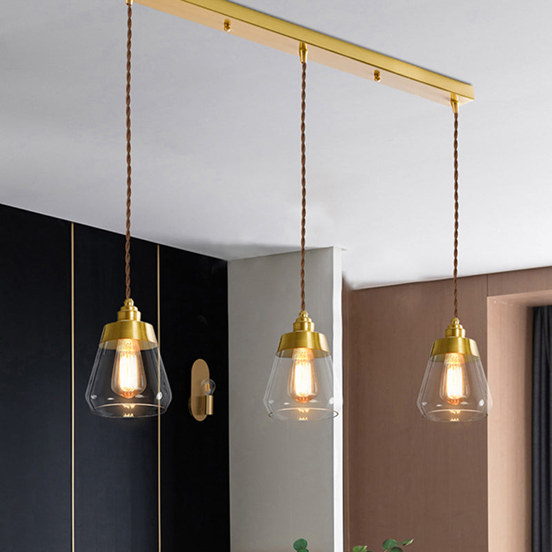 Luxurious Tapered Multi Light Pendant 2/3 Heads Clear Glass Hanging Lamp in Gold with Round/Linear Canopy Clearhalo 'Ceiling Lights' 'Glass shade' 'Glass' 'Pendant Lights' 'Pendants' Lighting' 1455747