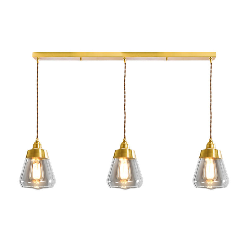 Luxurious Tapered Multi Light Pendant 2/3 Heads Clear Glass Hanging Lamp in Gold with Round/Linear Canopy Clearhalo 'Ceiling Lights' 'Glass shade' 'Glass' 'Pendant Lights' 'Pendants' Lighting' 1455748