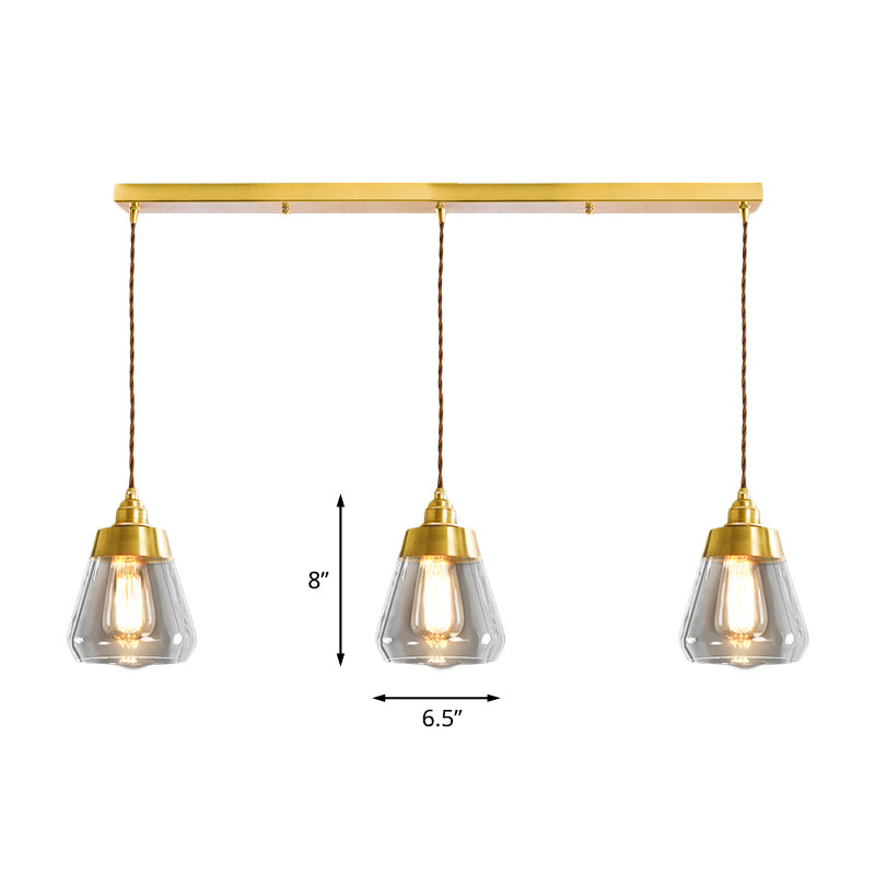 Luxurious Tapered Multi Light Pendant 2/3 Heads Clear Glass Hanging Lamp in Gold with Round/Linear Canopy Clearhalo 'Ceiling Lights' 'Glass shade' 'Glass' 'Pendant Lights' 'Pendants' Lighting' 1455749
