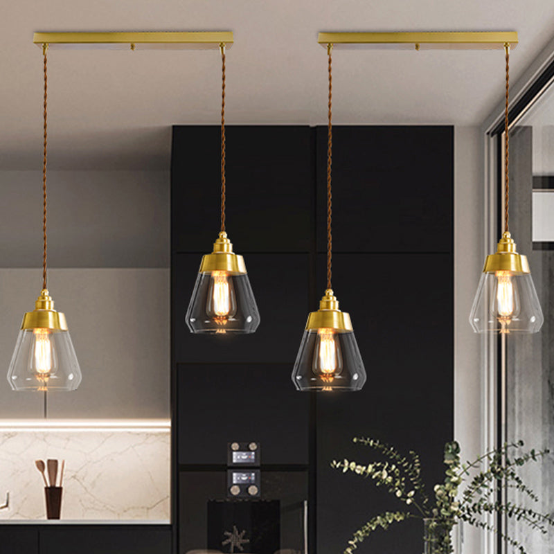 Luxurious Tapered Multi Light Pendant 2/3 Heads Clear Glass Hanging Lamp in Gold with Round/Linear Canopy Clearhalo 'Ceiling Lights' 'Glass shade' 'Glass' 'Pendant Lights' 'Pendants' Lighting' 1455751