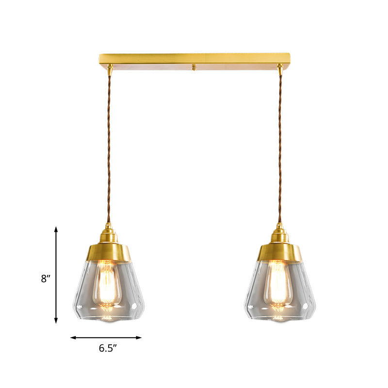 Luxurious Tapered Multi Light Pendant 2/3 Heads Clear Glass Hanging Lamp in Gold with Round/Linear Canopy Clearhalo 'Ceiling Lights' 'Glass shade' 'Glass' 'Pendant Lights' 'Pendants' Lighting' 1455754