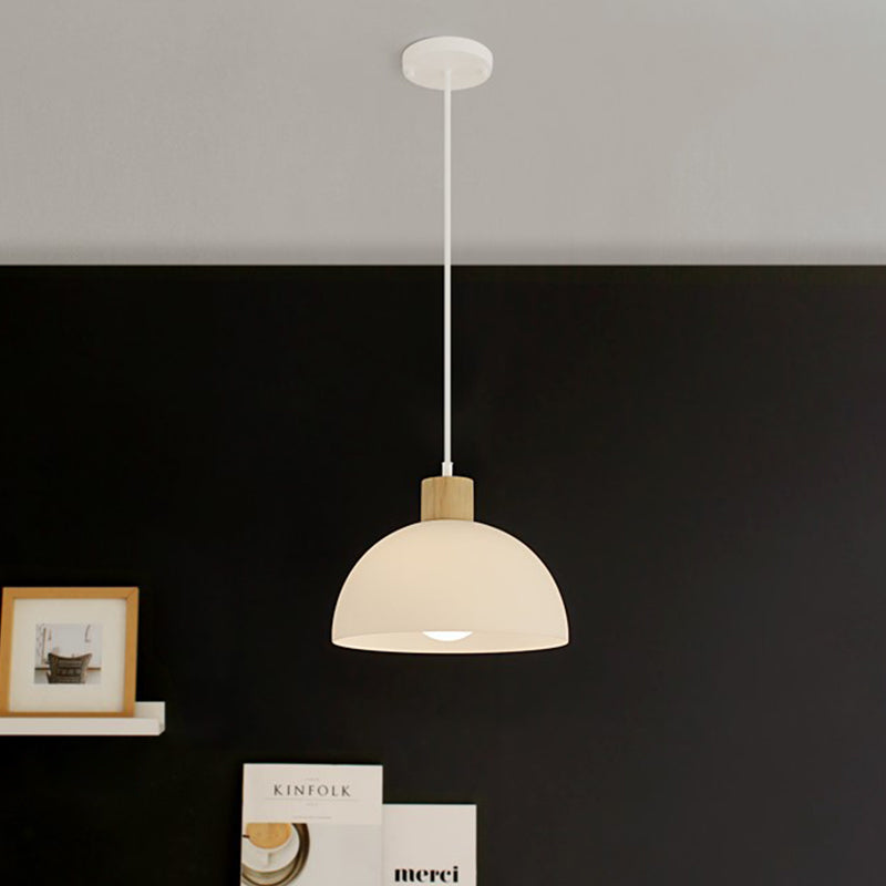 Acrylic Bowl Hanging Light Simplicity Single White Suspension Pendant Light with Wood Cap Clearhalo 'Ceiling Lights' 'Modern Pendants' 'Modern' 'Pendant Lights' 'Pendants' Lighting' 1455869