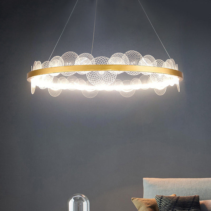 Transparent Flaked Hanging Lamp Retro Stylish Acrylic LED Chandelier with Gold Hoop Clearhalo 'Ceiling Lights' 'Chandeliers' 'Modern Chandeliers' 'Modern' Lighting' 1455888