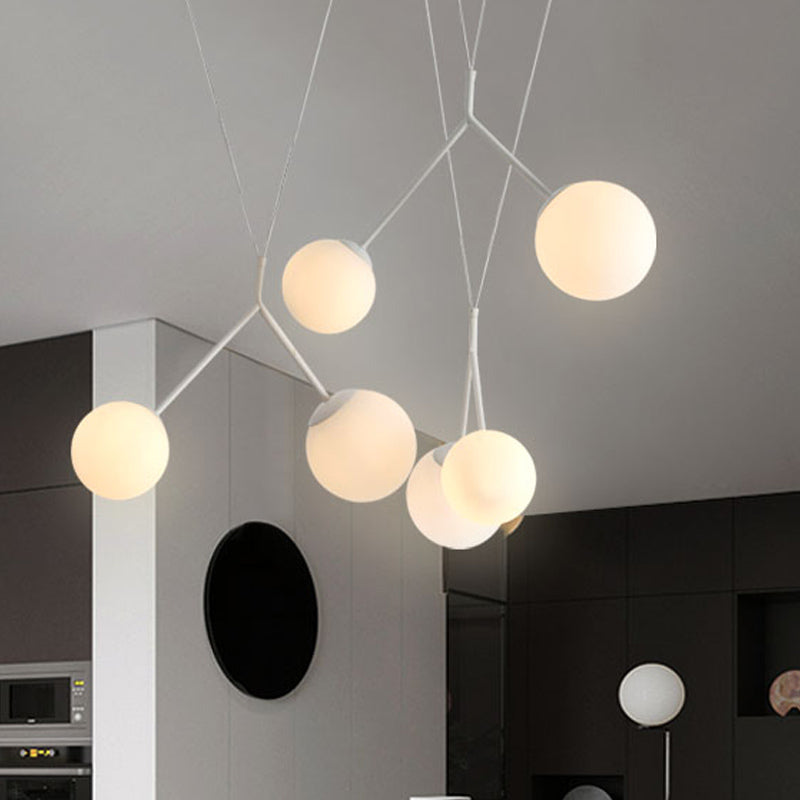 Modern 6 Lights Multi-Pendant Opaline Matte Glass White Intertwined Hanging Light with Orb Shade over Table White Clearhalo 'Ceiling Lights' 'Glass shade' 'Glass' 'Modern Pendants' 'Modern' 'Pendant Lights' 'Pendants' Lighting' 1456097