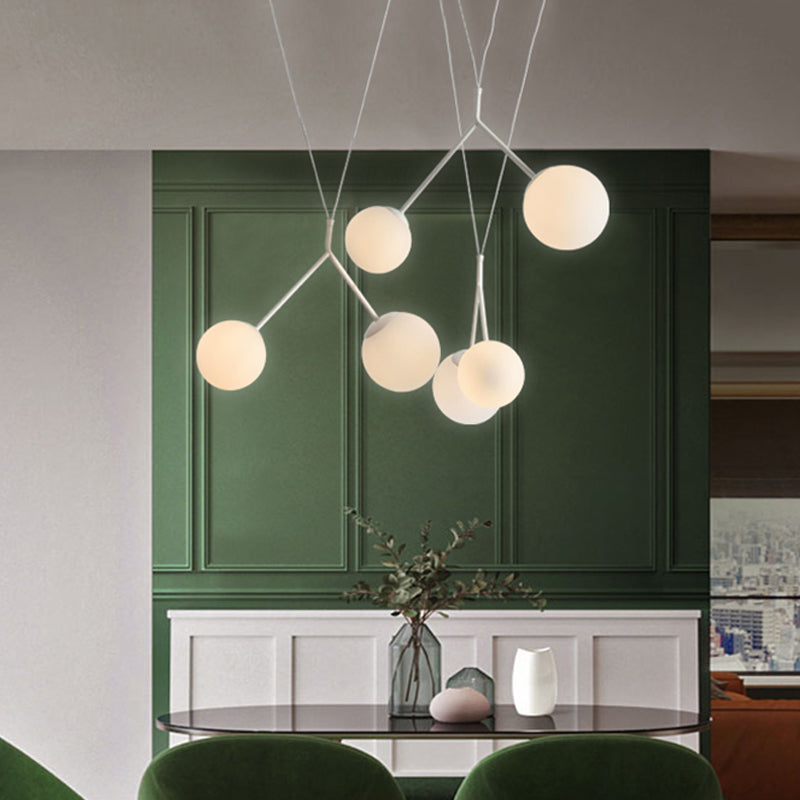 Modern 6 Lights Multi-Pendant Opaline Matte Glass White Intertwined Hanging Light with Orb Shade over Table Clearhalo 'Ceiling Lights' 'Glass shade' 'Glass' 'Modern Pendants' 'Modern' 'Pendant Lights' 'Pendants' Lighting' 1456099