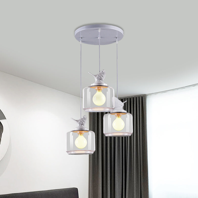 Drum Clear Glass Pendant Lighting Nordic 3 Bulbs White Multi Light Ceiling Light with Resin Bird Top Clearhalo 'Ceiling Lights' 'Glass shade' 'Glass' 'Modern Pendants' 'Modern' 'Pendant Lights' 'Pendants' Lighting' 1456103