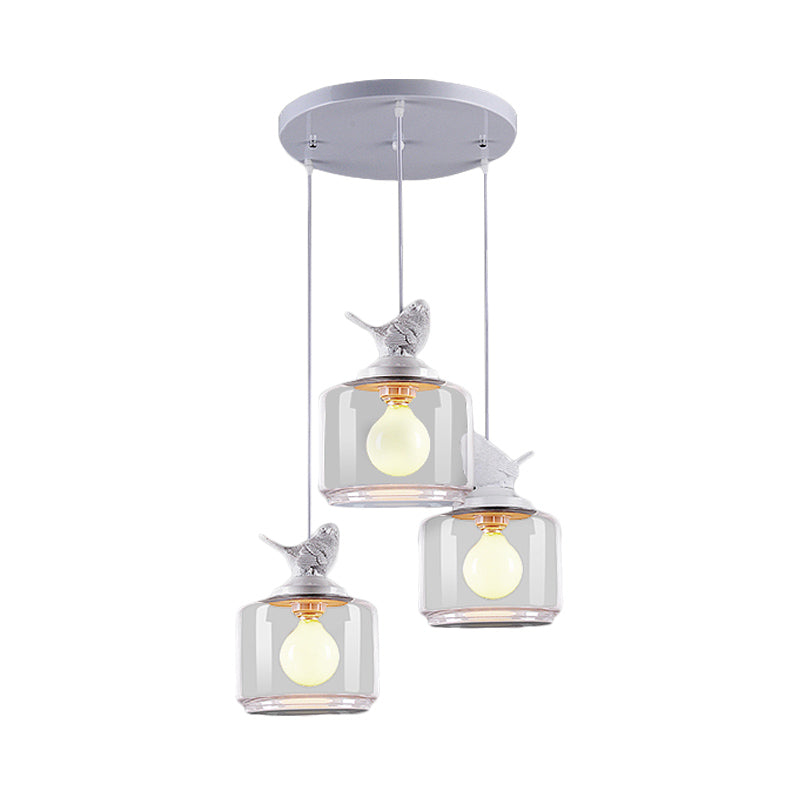 Drum Clear Glass Pendant Lighting Nordic 3 Bulbs White Multi Light Ceiling Light with Resin Bird Top Clearhalo 'Ceiling Lights' 'Glass shade' 'Glass' 'Modern Pendants' 'Modern' 'Pendant Lights' 'Pendants' Lighting' 1456105