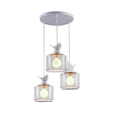 Drum Clear Glass Pendant Lighting Nordic 3 Bulbs White Multi Light Ceiling Light with Resin Bird Top Clearhalo 'Ceiling Lights' 'Glass shade' 'Glass' 'Modern Pendants' 'Modern' 'Pendant Lights' 'Pendants' Lighting' 1456105