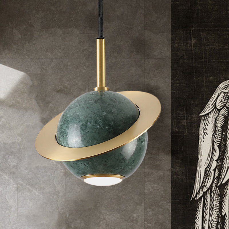 Mini Space Planet Kitchen Pendant Marble 1 Bulb Postmodern Ceiling Suspension Lamp in Green/White/Black-Brass Green Clearhalo 'Ceiling Lights' 'Modern Pendants' 'Modern' 'Pendant Lights' 'Pendants' Lighting' 1456145