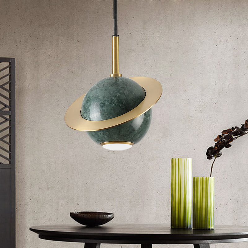 Mini Space Planet Kitchen Pendant Marble 1 Bulb Postmodern Ceiling Suspension Lamp in Green/White/Black-Brass Clearhalo 'Ceiling Lights' 'Modern Pendants' 'Modern' 'Pendant Lights' 'Pendants' Lighting' 1456146