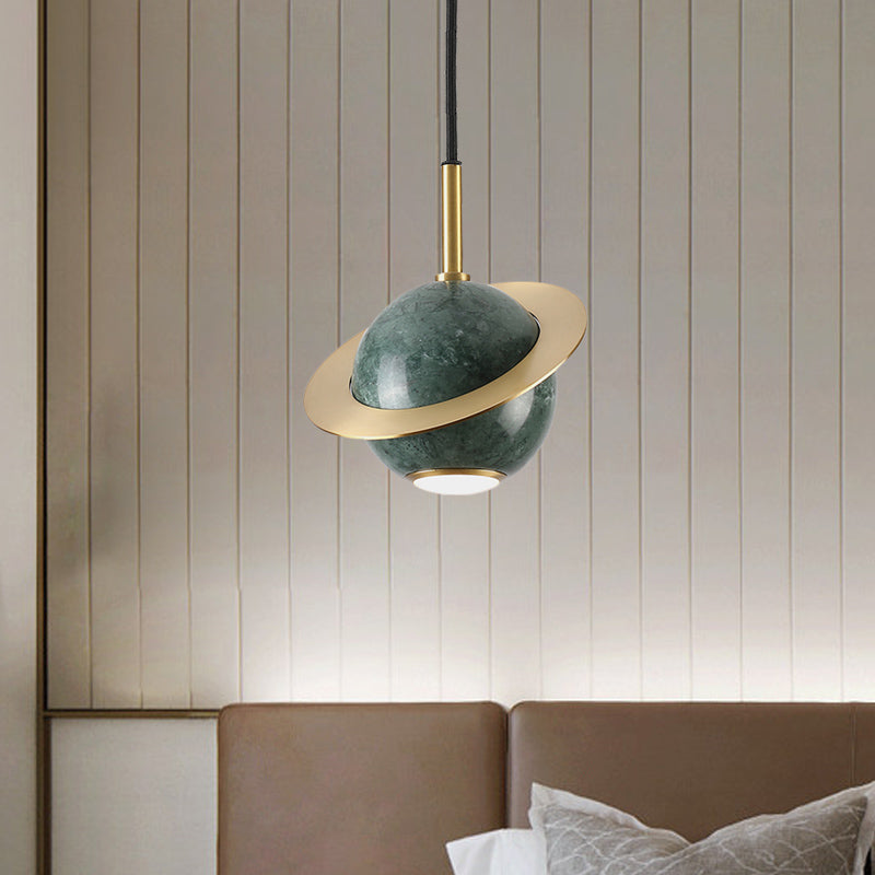 Mini Space Planet Kitchen Pendant Marble 1 Bulb Postmodern Ceiling Suspension Lamp in Green/White/Black-Brass Clearhalo 'Ceiling Lights' 'Modern Pendants' 'Modern' 'Pendant Lights' 'Pendants' Lighting' 1456147