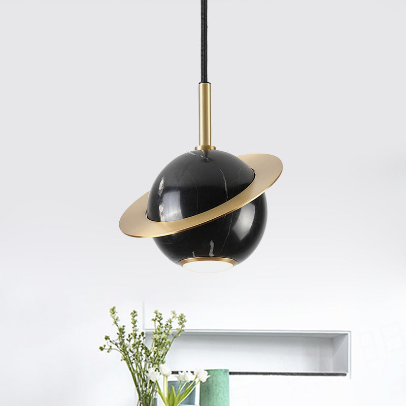 Mini Space Planet Kitchen Pendant Marble 1 Bulb Postmodern Ceiling Suspension Lamp in Green/White/Black-Brass Clearhalo 'Ceiling Lights' 'Modern Pendants' 'Modern' 'Pendant Lights' 'Pendants' Lighting' 1456151