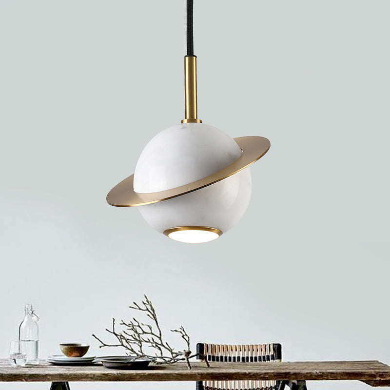 Mini Space Planet Kitchen Pendant Marble 1 Bulb Postmodern Ceiling Suspension Lamp in Green/White/Black-Brass Clearhalo 'Ceiling Lights' 'Modern Pendants' 'Modern' 'Pendant Lights' 'Pendants' Lighting' 1456155