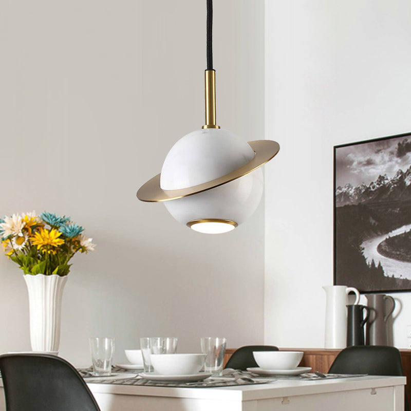 Mini Space Planet Kitchen Pendant Marble 1 Bulb Postmodern Ceiling Suspension Lamp in Green/White/Black-Brass Clearhalo 'Ceiling Lights' 'Modern Pendants' 'Modern' 'Pendant Lights' 'Pendants' Lighting' 1456156