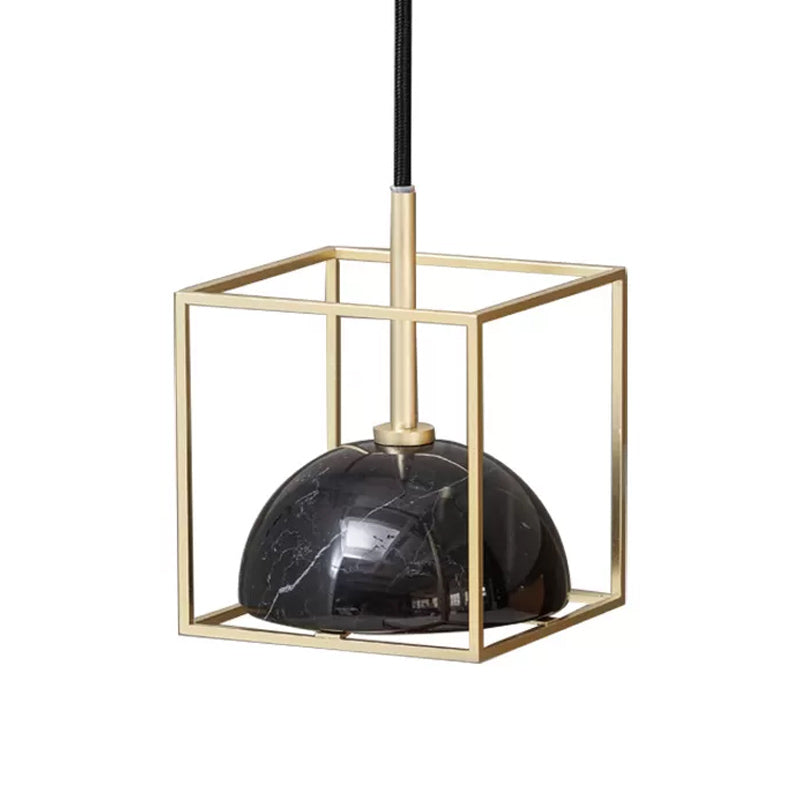 Marble Small Dome Hanging Light Kit Mid Century 1 Head Black/Green Ceiling Pendant with Gold Cubic Wire Cage Guard Clearhalo 'Ceiling Lights' 'Modern Pendants' 'Modern' 'Pendant Lights' 'Pendants' Lighting' 1456161