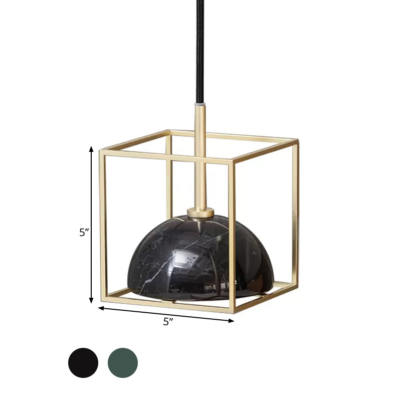 Marble Small Dome Hanging Light Kit Mid Century 1 Head Black/Green Ceiling Pendant with Gold Cubic Wire Cage Guard Clearhalo 'Ceiling Lights' 'Modern Pendants' 'Modern' 'Pendant Lights' 'Pendants' Lighting' 1456162