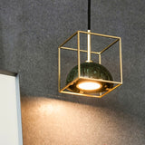 Marble Small Dome Hanging Light Kit Mid Century 1 Head Black/Green Ceiling Pendant with Gold Cubic Wire Cage Guard Green Clearhalo 'Ceiling Lights' 'Modern Pendants' 'Modern' 'Pendant Lights' 'Pendants' Lighting' 1456163