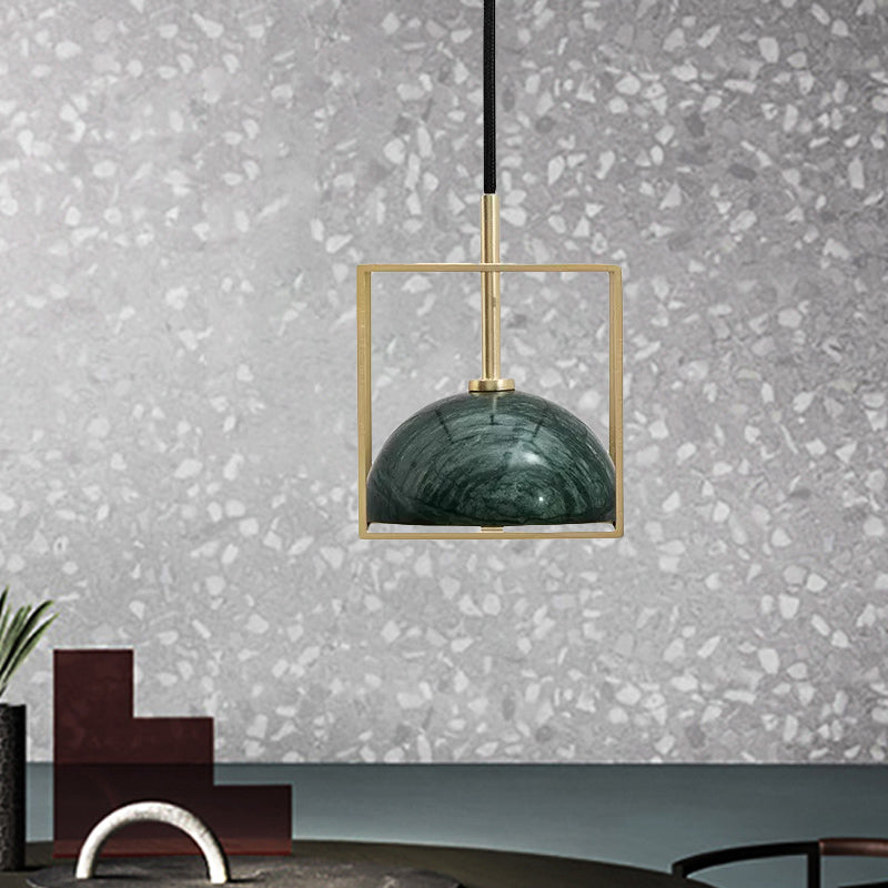 Marble Small Dome Hanging Light Kit Mid Century 1 Head Black/Green Ceiling Pendant with Gold Cubic Wire Cage Guard Clearhalo 'Ceiling Lights' 'Modern Pendants' 'Modern' 'Pendant Lights' 'Pendants' Lighting' 1456164