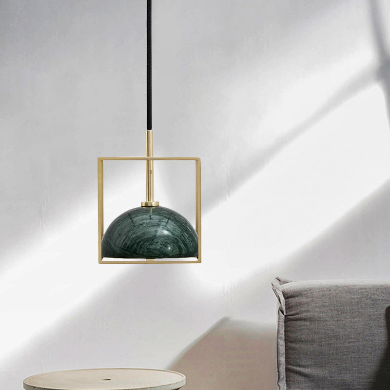 Marble Small Dome Hanging Light Kit Mid Century 1 Head Black/Green Ceiling Pendant with Gold Cubic Wire Cage Guard Clearhalo 'Ceiling Lights' 'Modern Pendants' 'Modern' 'Pendant Lights' 'Pendants' Lighting' 1456165