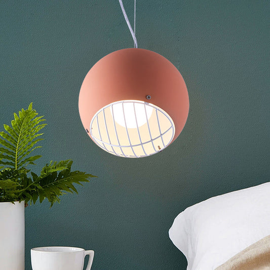 Macaron Mini Dome Pendant Lighting Aluminum 1 Head Bedside Ceiling Light in Pink with Wire Guard Bottom Pink Clearhalo 'Ceiling Lights' 'Modern Pendants' 'Modern' 'Pendant Lights' 'Pendants' Lighting' 1456181