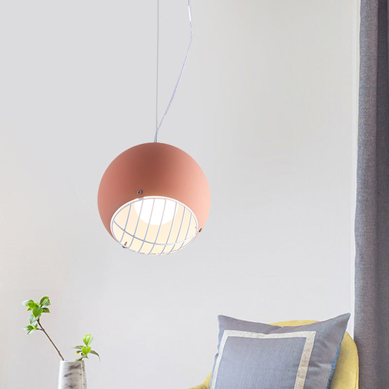 Macaron Mini Dome Pendant Lighting Aluminum 1 Head Bedside Ceiling Light in Pink with Wire Guard Bottom Clearhalo 'Ceiling Lights' 'Modern Pendants' 'Modern' 'Pendant Lights' 'Pendants' Lighting' 1456183