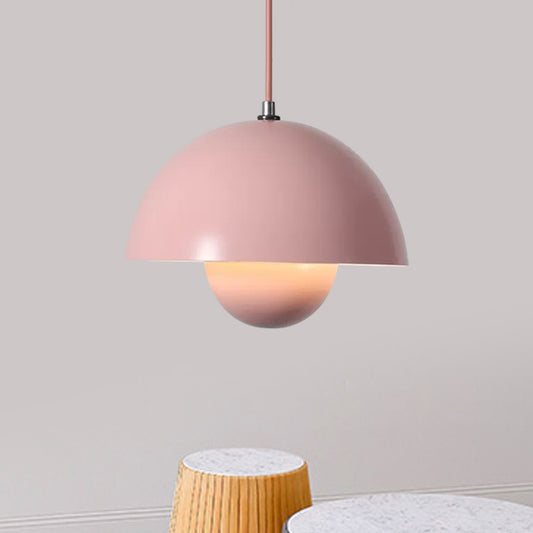 Macaron Dome Pendant Lighting Iron 1 Head Dining Table Suspension Lamp in Pink/Green/Yellow with Inner Capsule Diffuser Pink Clearhalo 'Ceiling Lights' 'Modern Pendants' 'Modern' 'Pendant Lights' 'Pendants' Lighting' 1456186