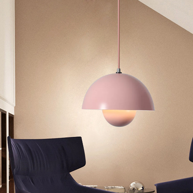 Macaron Dome Pendant Lighting Iron 1 Head Dining Table Suspension Lamp in Pink/Green/Yellow with Inner Capsule Diffuser Clearhalo 'Ceiling Lights' 'Modern Pendants' 'Modern' 'Pendant Lights' 'Pendants' Lighting' 1456187