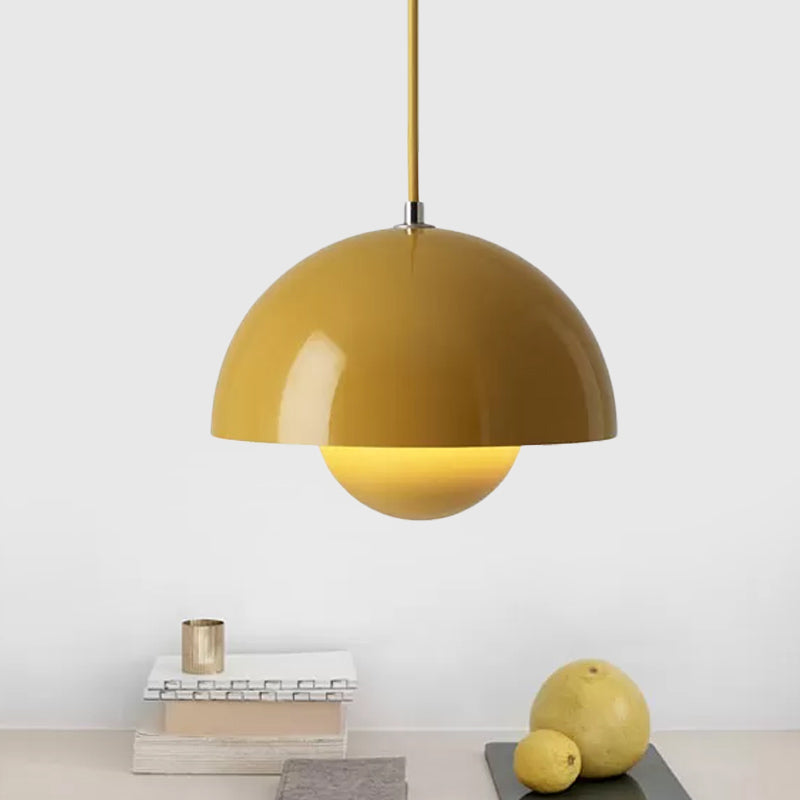 Macaron Dome Pendant Lighting Iron 1 Head Dining Table Suspension Lamp in Pink/Green/Yellow with Inner Capsule Diffuser Yellow Clearhalo 'Ceiling Lights' 'Modern Pendants' 'Modern' 'Pendant Lights' 'Pendants' Lighting' 1456191