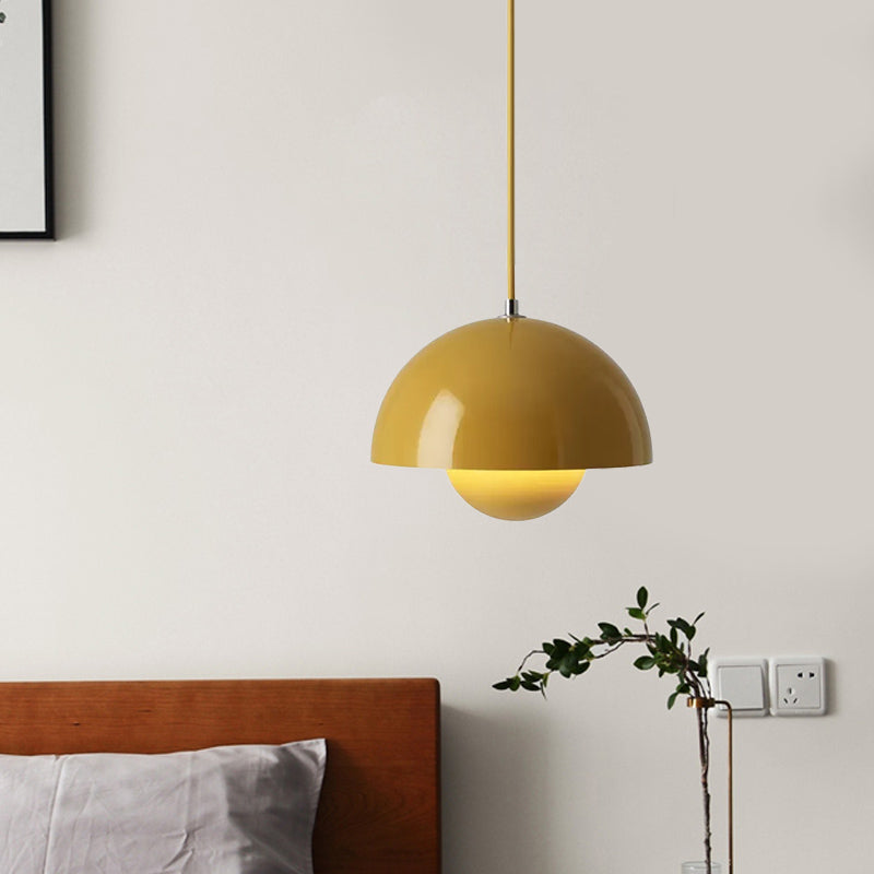 Macaron Dome Pendant Lighting Iron 1 Head Dining Table Suspension Lamp in Pink/Green/Yellow with Inner Capsule Diffuser Clearhalo 'Ceiling Lights' 'Modern Pendants' 'Modern' 'Pendant Lights' 'Pendants' Lighting' 1456193