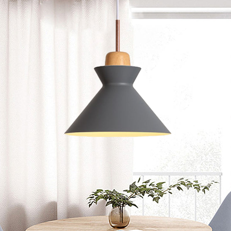 Funnel Dining Table Suspension Pendant Aluminum 1 Light Nordic Ceiling Lamp in Grey with Wood Cork Grey Clearhalo 'Ceiling Lights' 'Modern Pendants' 'Modern' 'Pendant Lights' 'Pendants' Lighting' 1456199