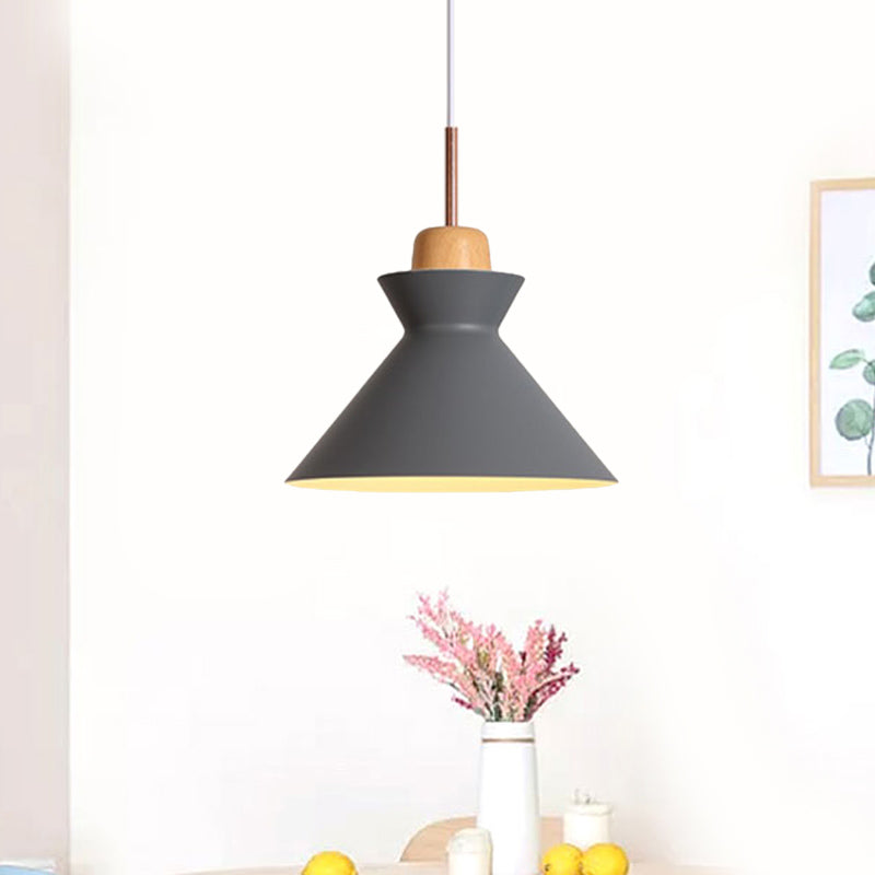 Funnel Dining Table Suspension Pendant Aluminum 1 Light Nordic Ceiling Lamp in Grey with Wood Cork Clearhalo 'Ceiling Lights' 'Modern Pendants' 'Modern' 'Pendant Lights' 'Pendants' Lighting' 1456200