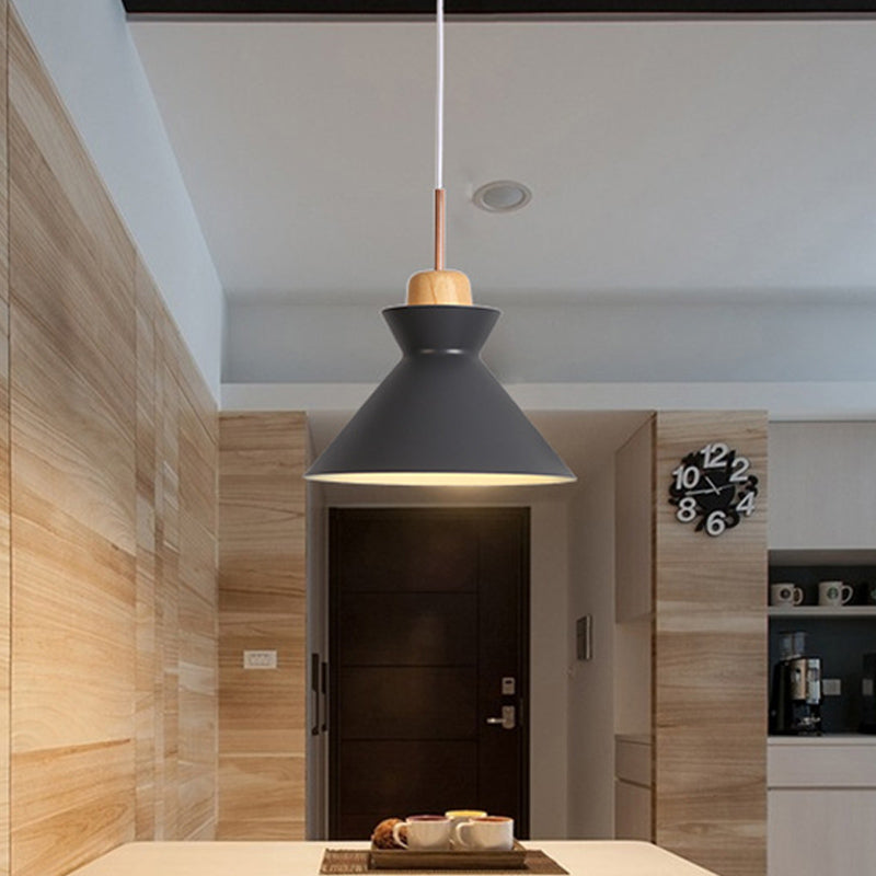 Funnel Dining Table Suspension Pendant Aluminum 1 Light Nordic Ceiling Lamp in Grey with Wood Cork Clearhalo 'Ceiling Lights' 'Modern Pendants' 'Modern' 'Pendant Lights' 'Pendants' Lighting' 1456201