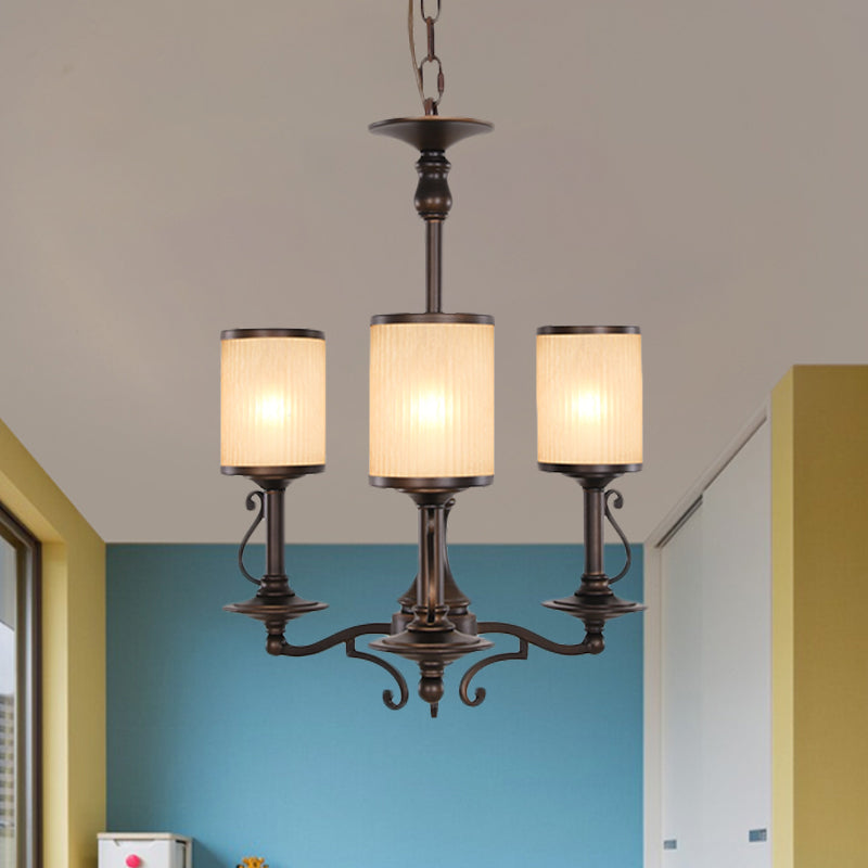 Beige Glass Black Chandelier Lamp Cylindrical 3/6/8 Heads Traditionalism Pendant Ceiling Light for Restaurant 3 Black Clearhalo 'Ceiling Lights' 'Chandeliers' Lighting' options 1456351_cda4ae4a-8c95-48b8-b97c-6ab408c53fd3