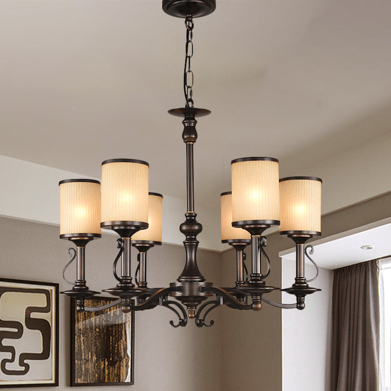 Beige Glass Black Chandelier Lamp Cylindrical 3/6/8 Heads Traditionalism Pendant Ceiling Light for Restaurant Clearhalo 'Ceiling Lights' 'Chandeliers' Lighting' options 1456358