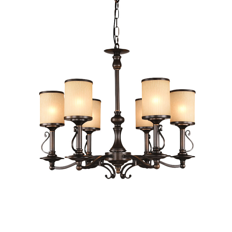 Beige Glass Black Chandelier Lamp Cylindrical 3/6/8 Heads Traditionalism Pendant Ceiling Light for Restaurant Clearhalo 'Ceiling Lights' 'Chandeliers' Lighting' options 1456359