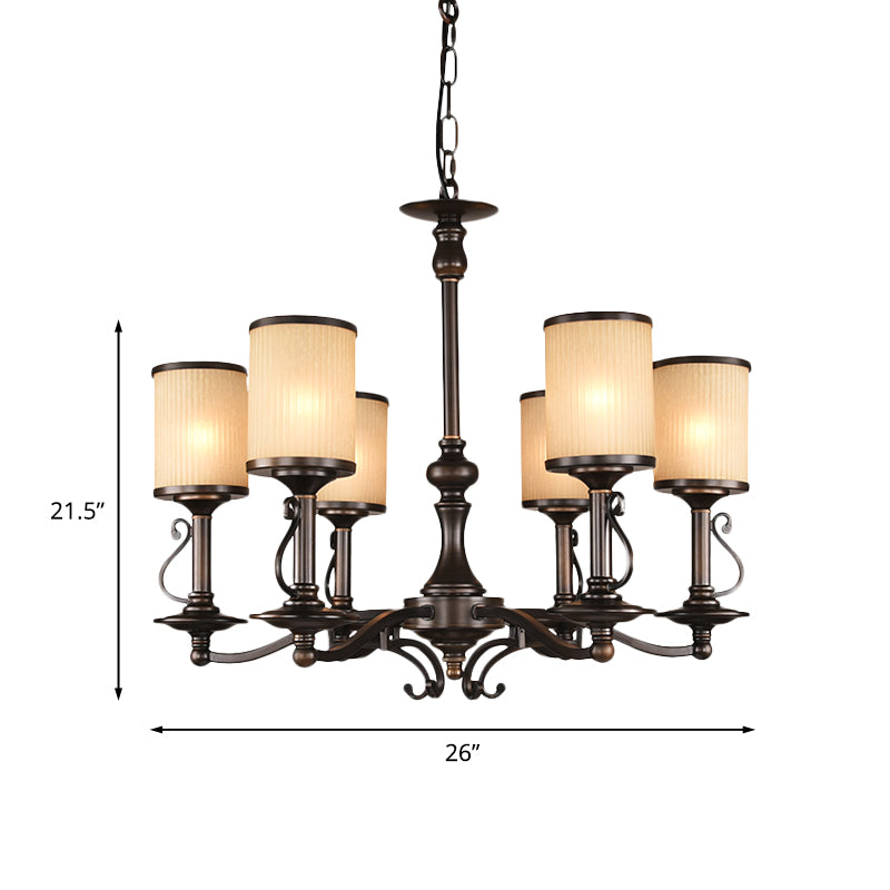 Beige Glass Black Chandelier Lamp Cylindrical 3/6/8 Heads Traditionalism Pendant Ceiling Light for Restaurant Clearhalo 'Ceiling Lights' 'Chandeliers' Lighting' options 1456360