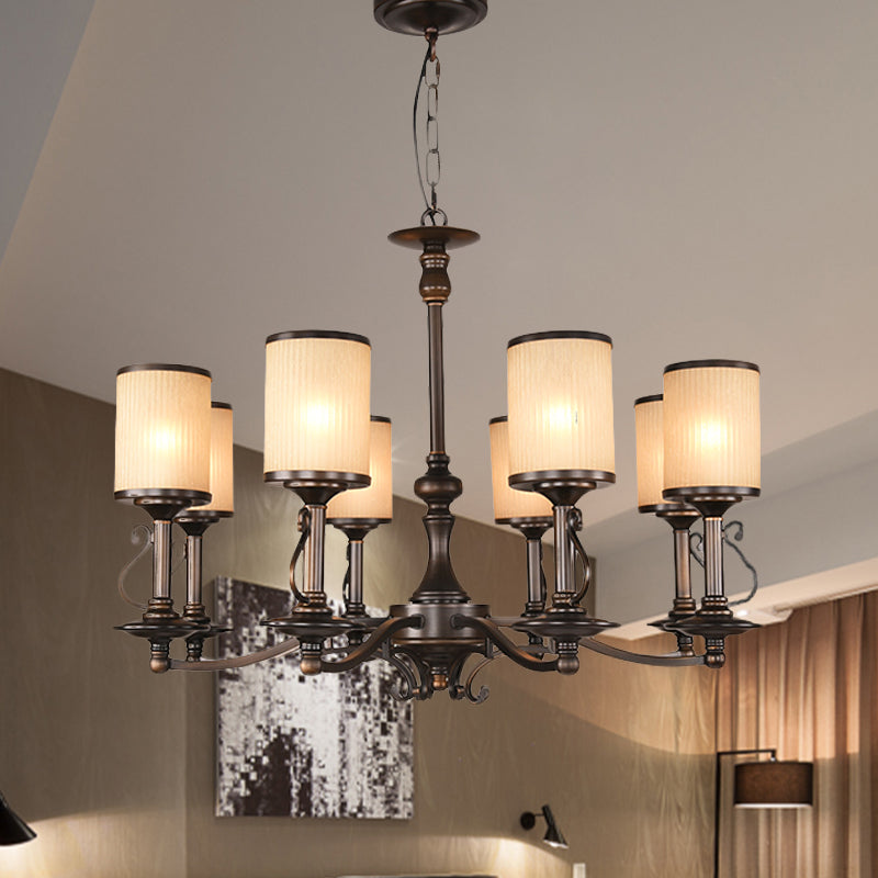 Beige Glass Black Chandelier Lamp Cylindrical 3/6/8 Heads Traditionalism Pendant Ceiling Light for Restaurant 8 Black Clearhalo 'Ceiling Lights' 'Chandeliers' Lighting' options 1456361_2bd750c7-f33b-49e3-b58f-46182279a330