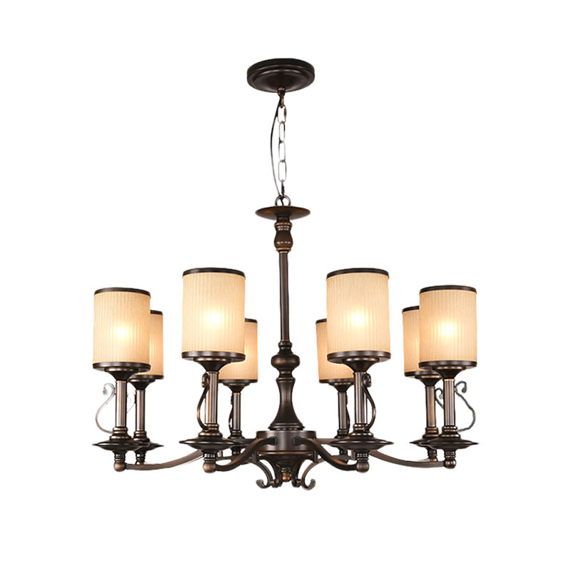 Beige Glass Black Chandelier Lamp Cylindrical 3/6/8 Heads Traditionalism Pendant Ceiling Light for Restaurant Clearhalo 'Ceiling Lights' 'Chandeliers' Lighting' options 1456364